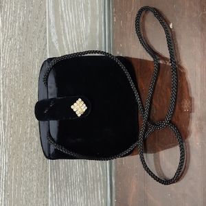 Fasha black velvet bucket evening bag with rhinestone closure crossbody strap